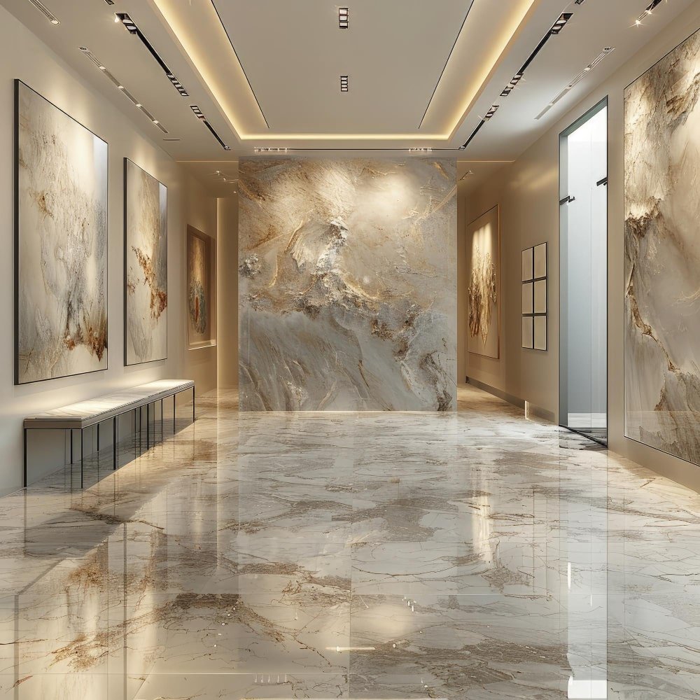 Marble showroom hallway with large-format tiles